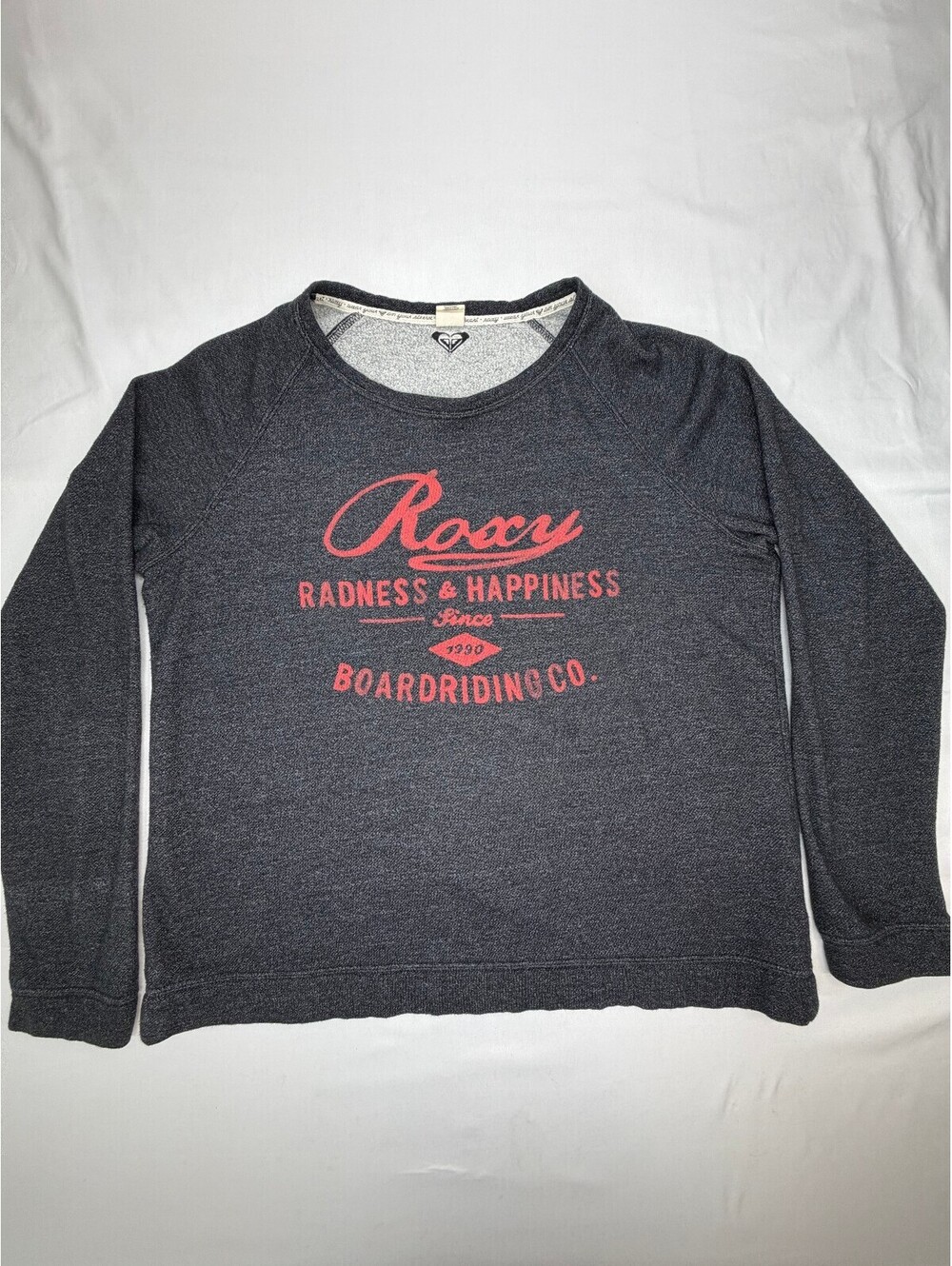 Roxy Women's Pullover Graphic Sweatshirt Crew Neck Raglan Sleeve Size XL Grey